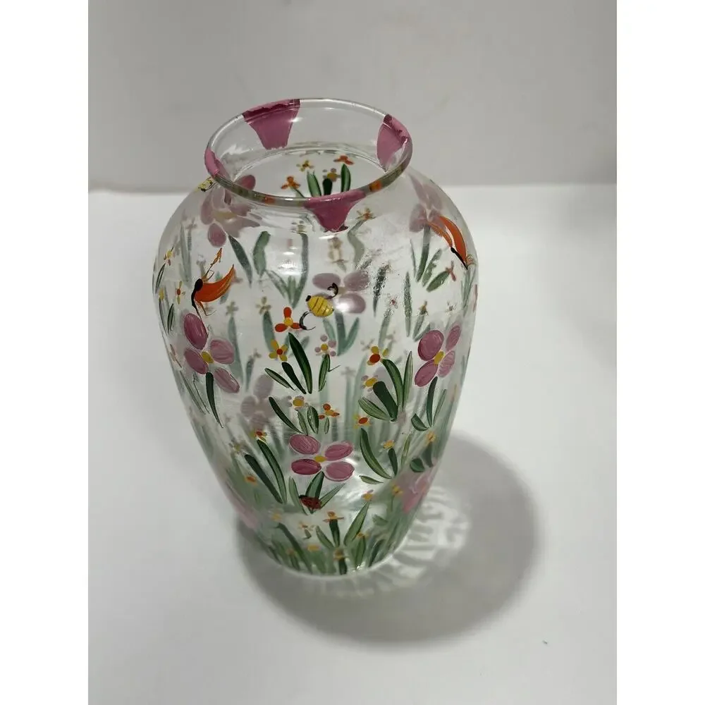 Set Of 2 Vintage Small Hand‎ Painted Floral Clear Glass Vase Signed K. LaRussa